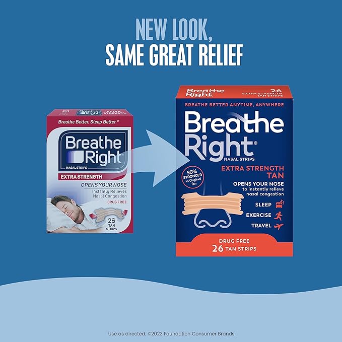 Breathe Right Nasal Strips Extra Strength Tan Nasal Strips Help Stop Snoring Drug-Free Snoring Solution & Instant Nasal Congestion Relief Caused by Colds & Allergies 26ct