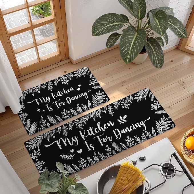 Kitchen Rug Mats for Floor Cushioned Anti Fatigue Black and White Kitchen Rugs Sets of 2 Botanical Non Slip Waterproof Comfort Memory Foam Standing Floor Mat for Office Laundry Sink Desk