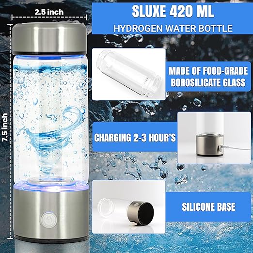 Hydrogen Water Bottle Generator – 3Min Rapid Hydrogenation 1680 PPB, SPE PEM Technology – 420ml Capacity – Portable Rechargeable Ionizer Machine – Health Care Gift for Travel, Sports, Home, Office