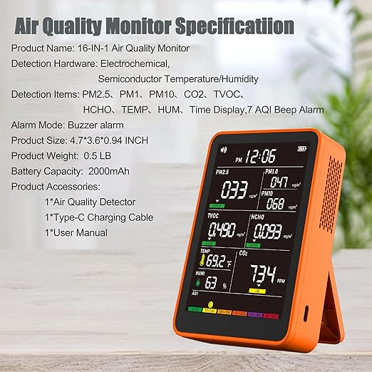 Professional Indoor Air Quality Monitor with AQI Alerts, Portable Real-Time Detector for Home, Car, Plants & Pet