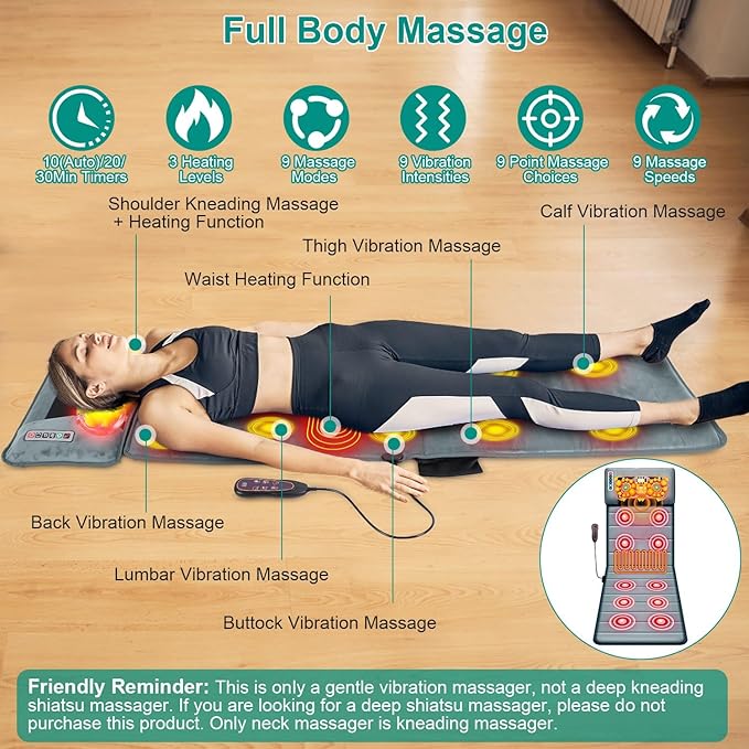 Electric Massage Mat Full Body Massage Ergonomic Vibration Mattress Chair Pad Anti-Slip Massage Cushion with Heat Massage Pad 10 Vibration Motors Timer Earplugs for Bed Chair