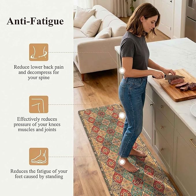 Moroccan Kitchen Rug Mats for Floor Cushioned Anti Fatigue Boho Vintage Kitchen Rugs Sets of 2 Red Yellow Non Slip Waterproof Comfort Memory Foam Standing Floor Mat for Laundry Sink Desk