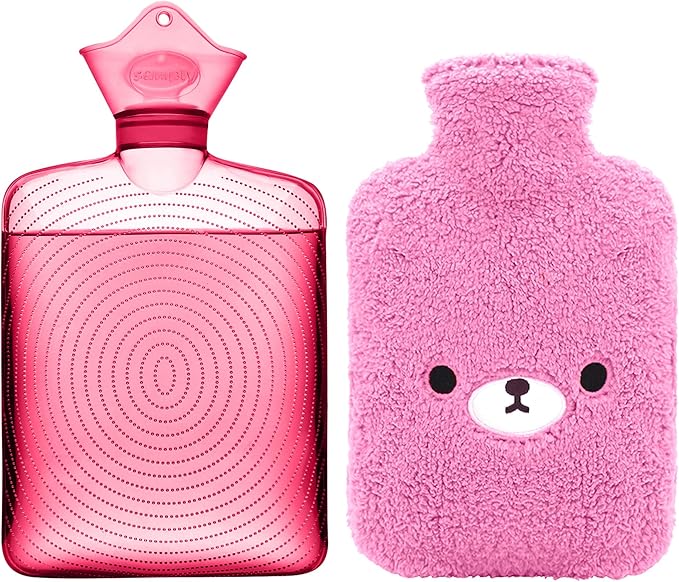 samply Hot Water Bottle with Cute Fleece Cover, Hot Water Bag for Hot and Cold Compress, Hand Feet Warmer, Neck and Shoulder Pain Relief, Purple Bear