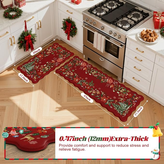 Collive Christmas Anti Fatigue Mats for Kitchen Floor, Xmas Tree Scalloped Kitchen Rugs Sets of 2 Waterproof Padded Floral Rug, Memory Foam Comfort Standing Mat Non Slip for Office, Sink, Laundry, Red