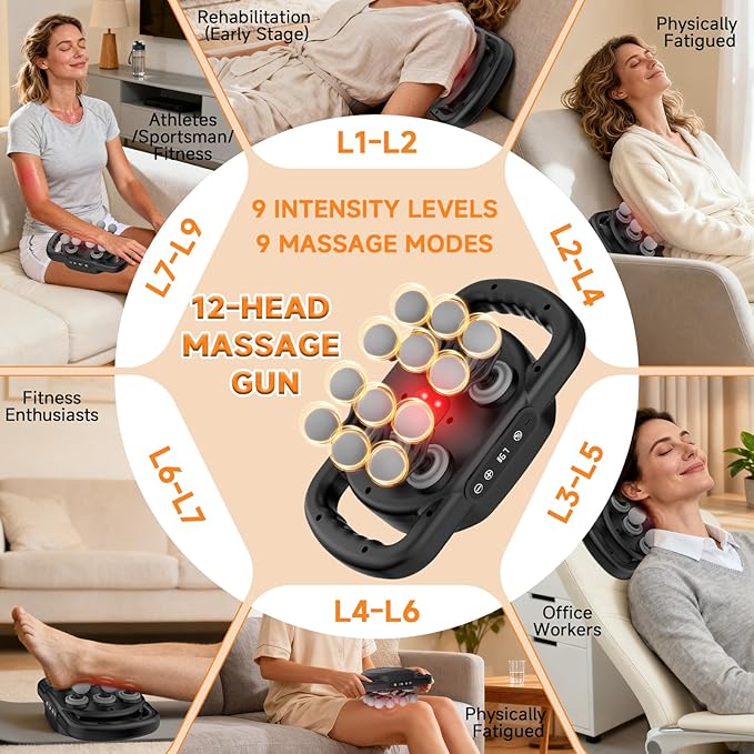12 Head Massage Gun Deep Tissue Muscle Massager,Cordless Electric Percussion Massage Tool with 9 Levels 9 Modes for Back/Neck/Shoulder/Hand/Leg/Foot Full Body Muscle Pain Relief,Office Home Gym Use
