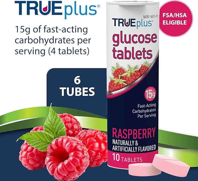 TRUEplus Glucose Tablets, Chewable, Raspberry Flavor, 15g Fast-Acting Carbohydrates, Fat Free, Gluten Free, Raise Low Blood Sugar and Boost Energy, 10 Count, 6 Tubes