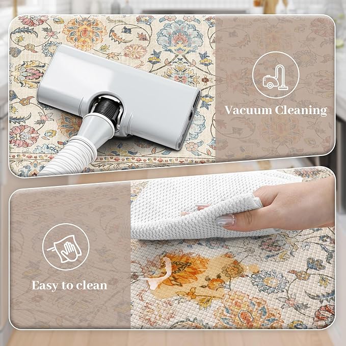 KIMODE Anti Fatigue Kitchen Mats for Floor, Boho Vintage Kitchen Rugs Sets of 2, Cream Colored Cushioned Kitchen Floor Mats, Comfort Standing Mat for Sink Laundry Office Desk 17"x47"+17"x29"