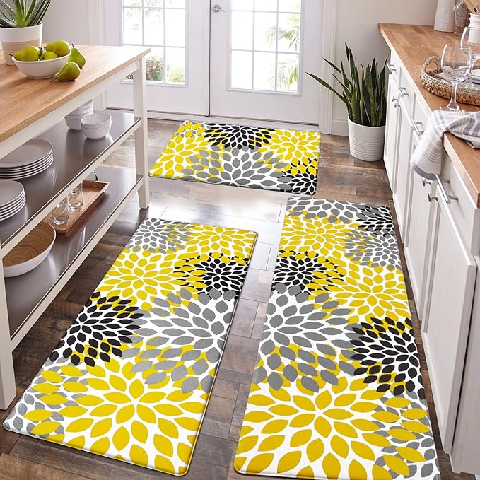 Likiyol Kitchen Mats for Floor [3 PCS] Anti-Fatigue Comfort Kitchen Rugs, Boho Flower Cushioned Waterproof Decor Mat Thick, Standing Floor Mats for Home/Office, 18''x30''+18''x48''+18''x60''(Yellow)