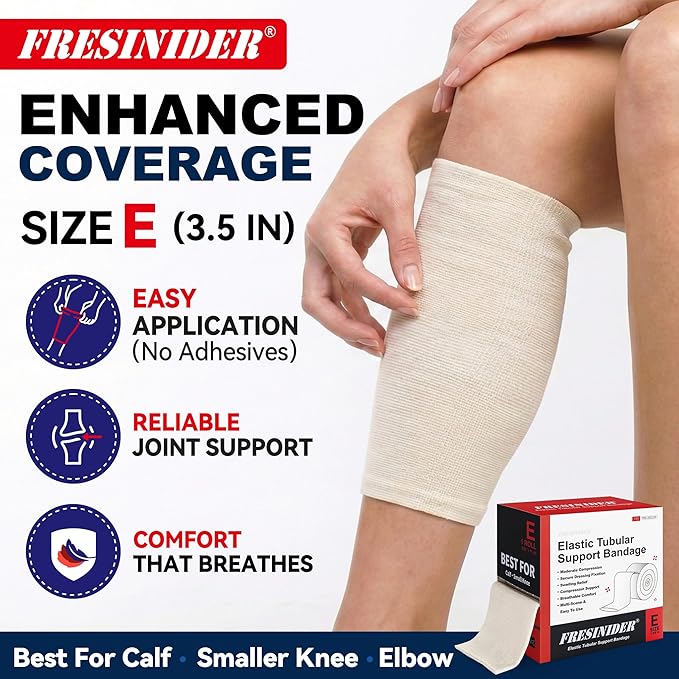 FRESINIDER Size E Elastic Tubular Support Bandage (3.5" x 11 Yards) – Light to Moderate Compression Roll for Calf & Small Knee, Breathable Stretch Stockinette