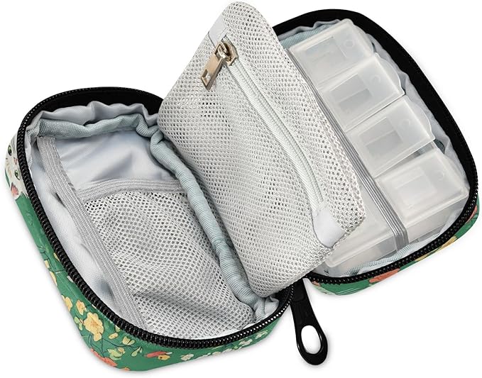 Green Persian Cat and Hummingbird in Spring Travel Pill Organizer Weekly Small (Cute) Pill Box 7 Day Pill Case Vitamin Holder Pill Bottle Organizer