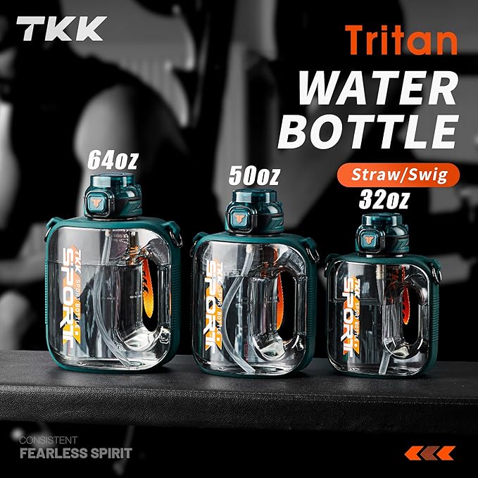 TKK 32oz Sport Water Bottle with Straw - Large Capacity Plastic Water Bottle Jug - Dishwasher Safe 1L BPA Free Tritan for Gym Yoga Travel Camping Outdoor Green Teal