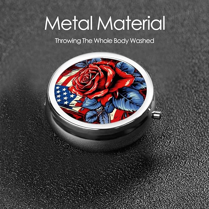 Patrotic Rose American Flag Pill Box 3 Compartment Pill Case, Portable Medicine Pill Organizer for Pocket Purse Pill Box Decorative Metal Medicine Vitamin Organizer