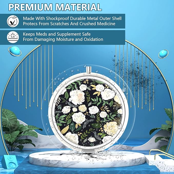 Pill Box 3 Compartment Small Pill Case,Portable for Pocket or Purse Pill Organizer Pill Container Holder to Hold Vitamins, Medication, Fish Oil and Supplements(Elegant Flowers)