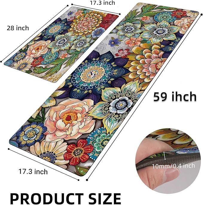 Boho Floral Kitchen Runner Rugs Mats for Floor 2 Piece Memory Foam Padded Long Kitchen Mats Anti Fatigue Cushioned Comfort Standing Mat, 17.3x28+17.3x59 Inch