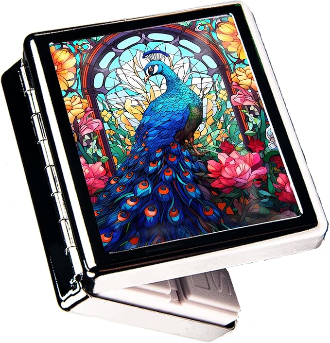Travel Pill Organizer Small Pill Case for Purse Essentials 7 Days Cute Pill Box with Mirror Portable Pill Box for Pocket or Purse Pill Containe Travel Gifts (Peacock Stained Glass)