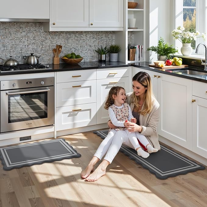 KIMODE Kitchen Mats Cushioned Anti Fatigue, Farmhouse Kitchen Rugs Sets of 2, Dark Grey Scalloped Rugs, Kitchen Floor Mat Non Slip, Comfort Standing Mat for Laundry Office Sink Desk 17"x47"+17"x29"