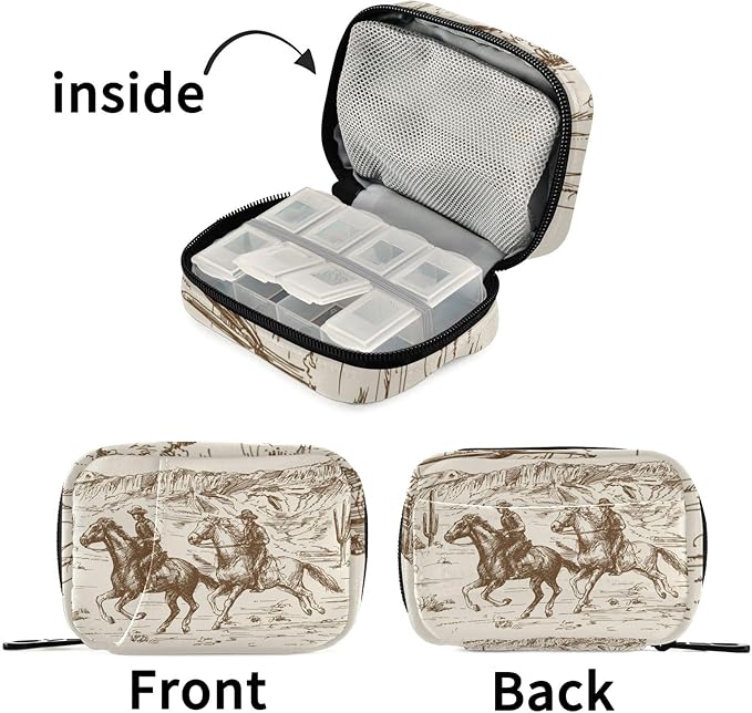Ollabaky Western Desert Cowboy Vintage Pill Organizer Travel Pill Cases Bag Portable Pill Container 7 Days Pill Box Organizer Vitamin Supplement Holder with Zipper for Family Business