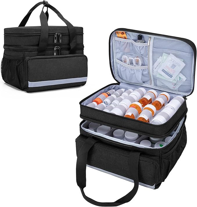 CURMIO Double Layers Pill Bottle Organizer Bag Empty, Medicine Organizer Storage Case with Lockable Zippers, Medication Travel Bag for Prescription Bottles, Medical Supplies, Black (Patent Design)