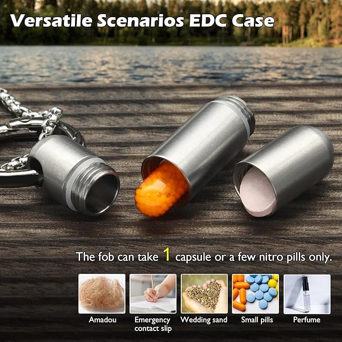 Extended Small Pill Case Necklace Titanium Mini Pill Case with Necklace Chain Tiny Pill Container for Men Waterproof Pill Holder Emergency Aspirin & Nitro Pill Case