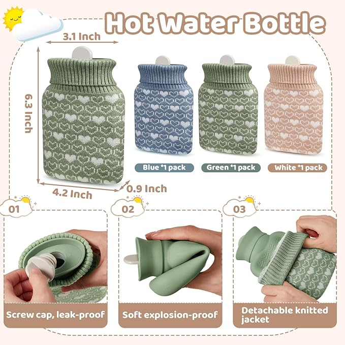 Amylove 3 Pcs Mini Hot Water Bottle for Hot & Cold Compress with Cover 320ml Silicone Microwave Heating Bottles Small Water Bag for Travel Holiday Gift(Beige, Green, Blue,Heart Print)