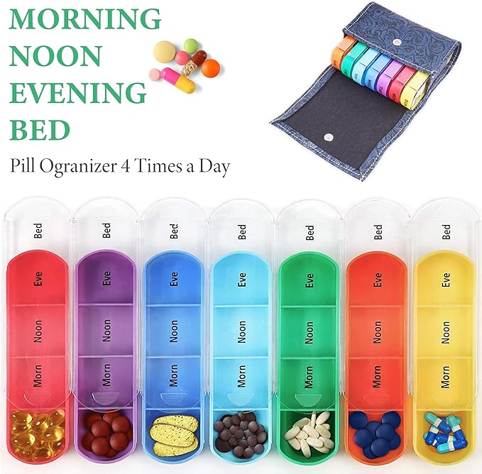 Pill Organizer,Haecsfl Weekly Travel Pill Case Box Medication Reminder Daily AM PM, Day Night 7 Compartments,for 4 Times A Day, 7 Days a Week-Includes Leather PU Carrying Case(1-Carved Blue)