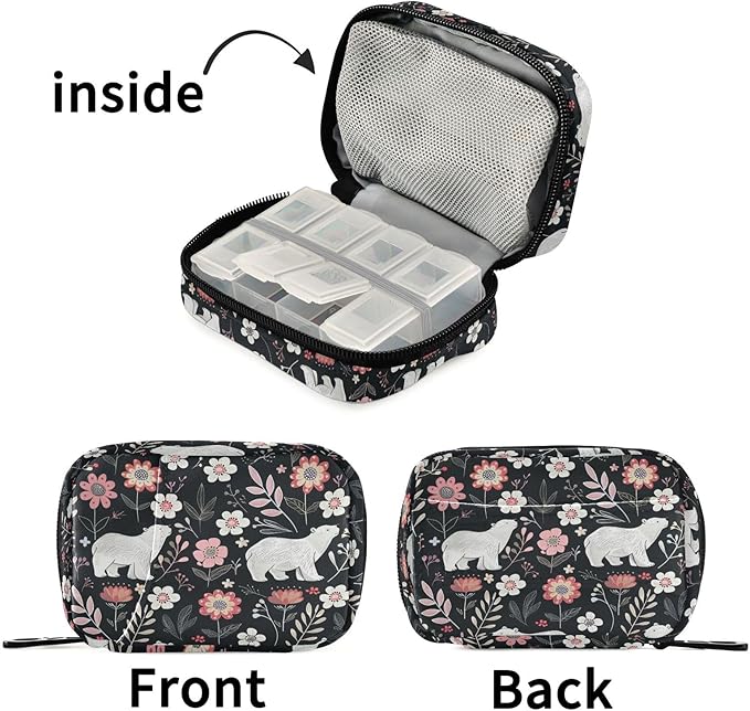 Fustylead Cute White Polar Bears and Beautiful Flowers Pill Organizer for Purse, Weekly Portable Pill Box with Zipper to Storage Vitamins Fish Oils Medications Supplements