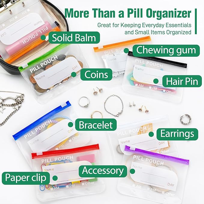 A8 Waterproof Pill Pouch Set, Large Weekly Pill Organizer with 14 Color-Coded Medicine Pouches, Reusable Travel Medicine Organizer, Zippered Pill Storage for Fish Oils, Vitamins（Black）