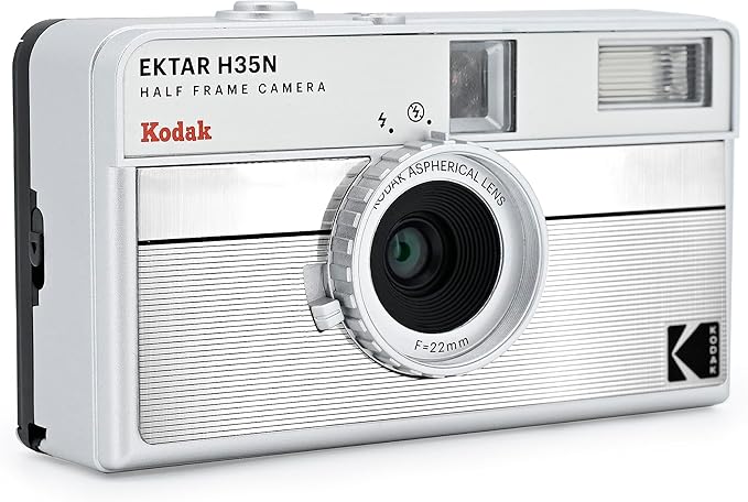 Kodak EKTAR H35N Half Frame Film Camera Bundle with Kodak Ultramax 400/24EXP 35mm Roll Film (Striped Silver, Bundle)