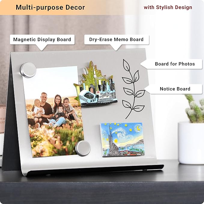 Magnetic Bulletin Board with Stand – Small Dry Erase Memo Board – Tabletop Metal Easel for Magnet Display – 10x8 Inches + 2 Magnets