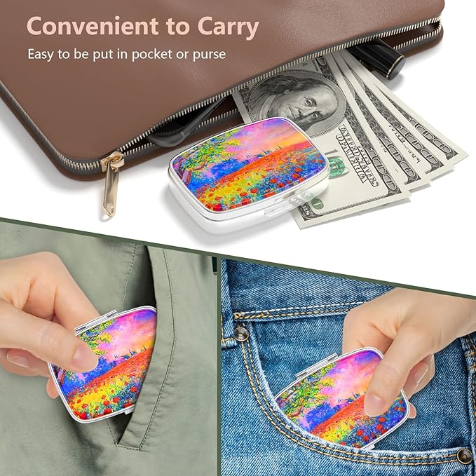 Nipichsha Pill Box, Small Pill Case for Purse & Pocket, Cute Travel Medicine Organizer, Portable Medicine Container Holder to Hold Vitamins, Medication, Fish Oil & Supplements, Oil Painting
