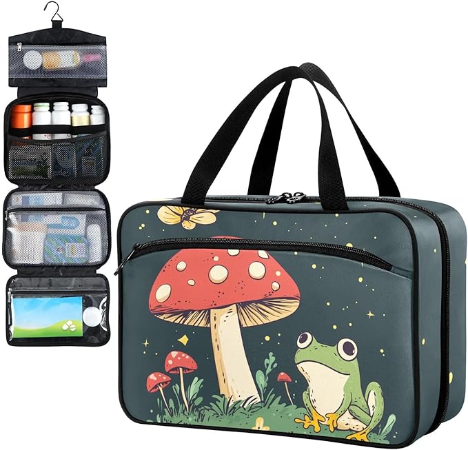 Fustylead Cute Frog and Red Mushroom Butterfly Travel Medicine Organizer Bag Home Storage First Aid Kit Large Pill Case with Zipper for Pill Bottle, Vitamins, and Medical Supplies