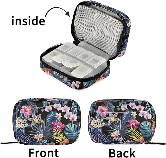 Naanle Pill Organizer Hawaii Palm Leaves Flowers Pill Box 7 Day Pill Case Bag Travel Pill Organizer Bag with Zipper Portable Weekly Case Compact Size for Vitamin Supplement Holder