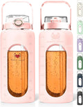 64 Oz Water Bottle with Time Marker & Straw - Pink Pregnancy 2 Liter Glass Water Bottles with Measurements - Daily intake bottle - Leakproof Borosilicate jug