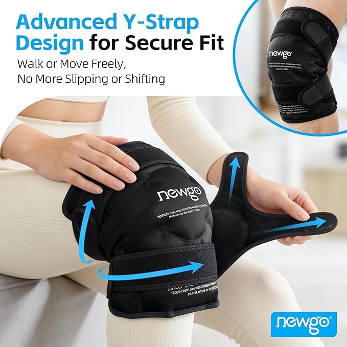 NEWGO Ice Pack for Knee Injuries Reusable, Knee Ice Pack Wrap Around Entire Knees for Replacement Surgery Recovery, Gel Cold Pack Wrap for Meniscus Tear, ACL, Swelling Pain Relief - Black