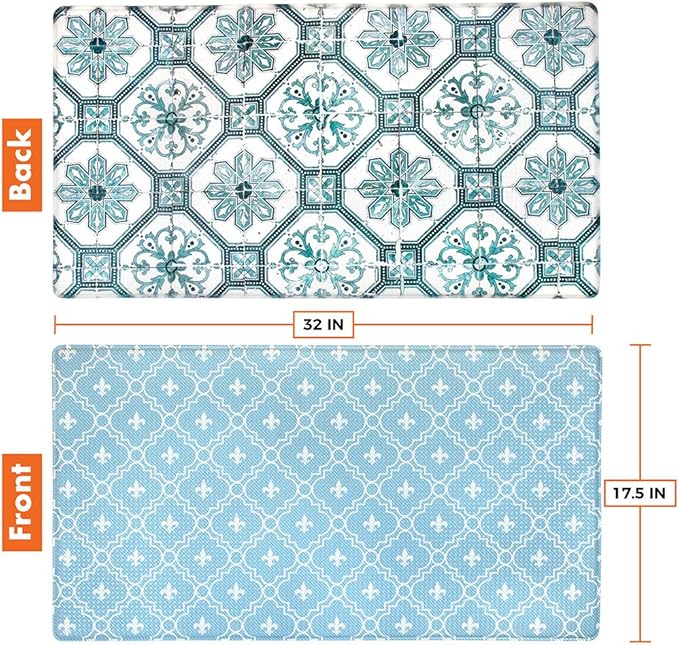 OPUX Anti Fatigue Kitchen Floor Mat, Reversible Cushioned Memory Foam Kitchen Rug Pad, Waterproof Non-Slip Padded Comfort Standing Mat Office Laundry Home, 32x17 (Floral Tile Blue)