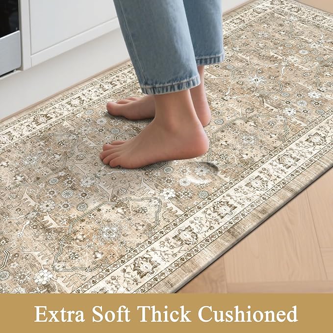 Pauwer Anti Fatigue Kitchen Floor Mats Set of 3, PVC Foam Padded Kitchen Rugs, Non Slip Cushioned Comfort Standing Mat, Waterproof Sink Rug for Small Kitchen Area, Laundry Room, Light Brown