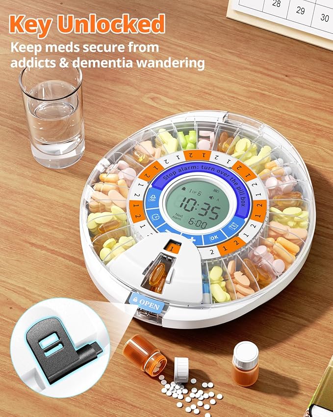 Betife 2nd Gen Automatic Pill Dispenser for Elderly with Alarm – 28 Slots, Key Locked, Alarm & Light Reminder, Mix-Proof, XL Display, 6 Dosage Rings，Easy Setup for Daily Medication （Organizer）
