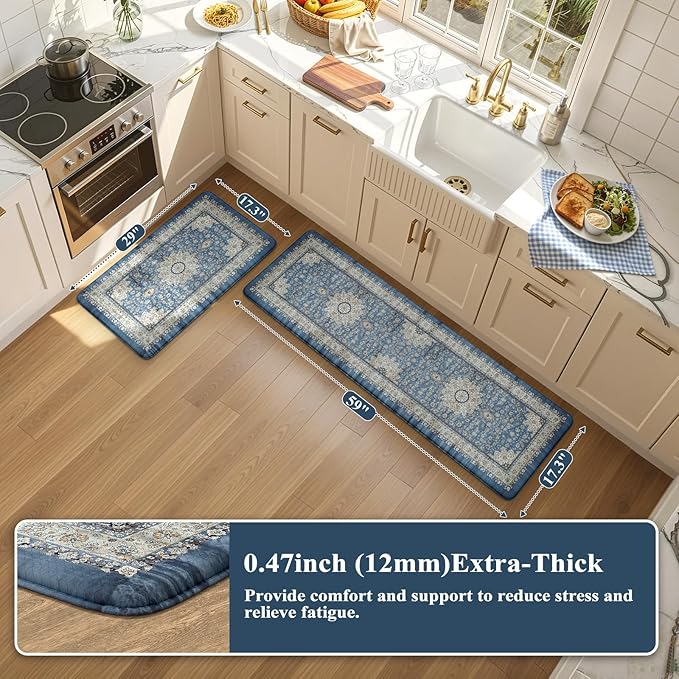 Collive Boho Kitchen Mat, Cushioned Anti Fatigue Kitchen Rug Set 2 Piece Non-Skid Waterproof Kitchen Mats for Floor, Comfort Heavy Duty Standing Mat for Kitchen, Laundry, Office, Desk