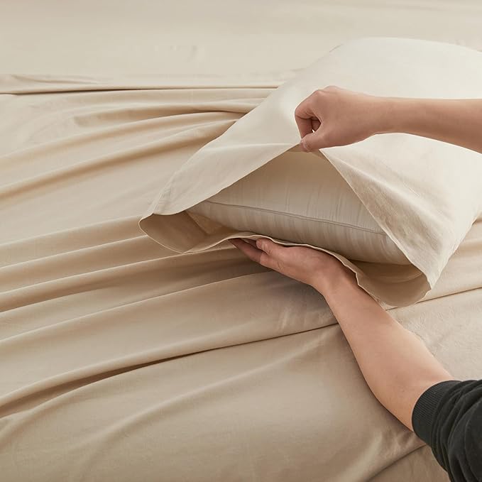 Simple&Opulence Belgian Linen Sheet Set Solid Color - 4 Pieces (1 Flat Sheet, 1 Fitted Sheet & 2 Pillowcases) Natural Flax Cotton Blend Soft Breathable Farmhouse Bedding - Full Size, Linen/Beige