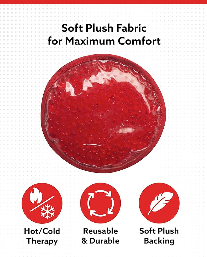 Alpi Circle Plush Gel Ice Packs Reusable & Microwavable – 4”x4” Small Ice Packs for Kids & Adults – Hot or Cold Eye Mask with Beads - Plush Comfort for Muscle Aches & Minor Discomfort – Red