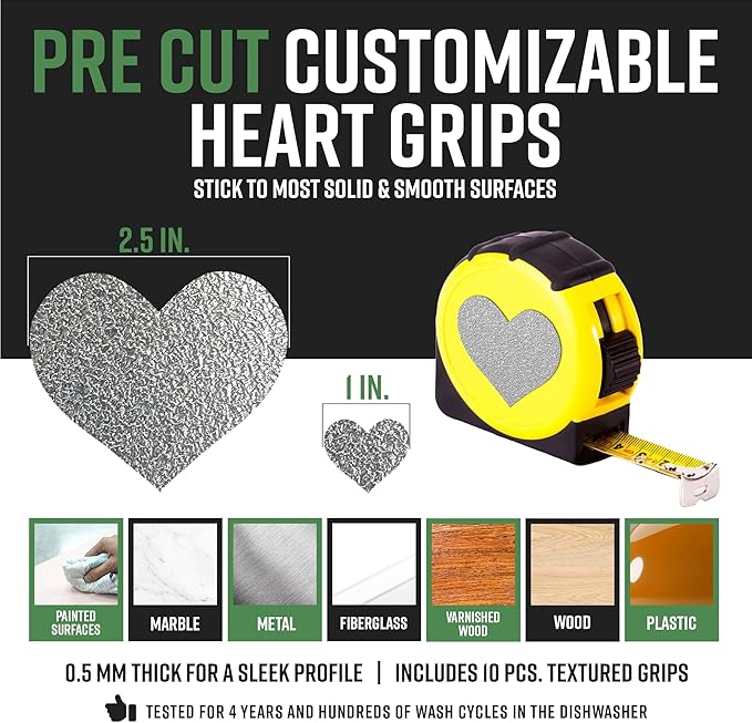 Dragon Grips Heart Stickers - 10 Pcs Chrome Heart-Shaped Rubberized Grip Stickers - Waterproof, Multi-Purpose, Non-Slip, Textured Cell Phone Grip Tape for Laptop, Mouse, Tablet, iPad, iPhone Case