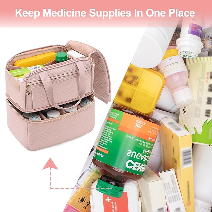 Damero Double Layers Pill Bottle Organizer Empty, Lockable Medicine Storage Bag Medication Travel Bag with 4 Customized Dividers for Prescription Bottles, Medical Supplements,Misty Rose