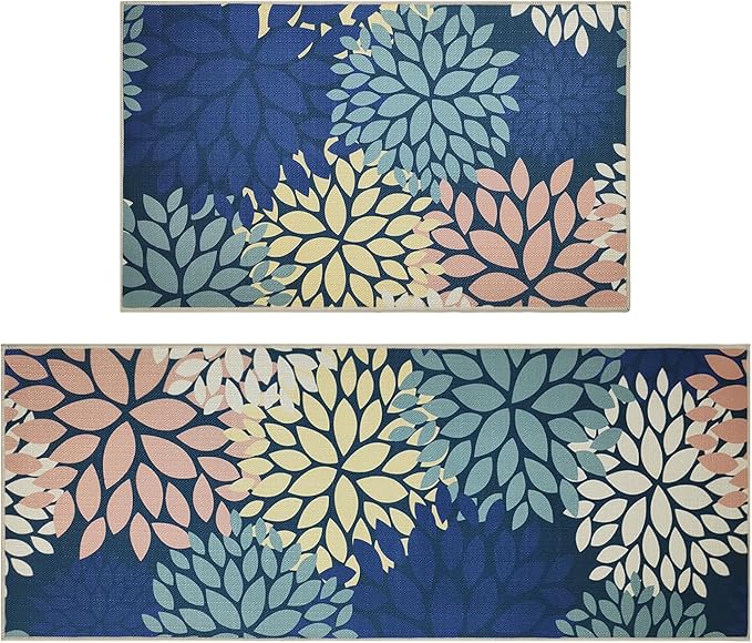 Blue Kitchen Mat Set of 2, Non Slip Boho Kitchen Rug for Floor,Farmhouse Outdoor Doormats Linen Runner Rug Washable Standing Mats for Entryway,Laundry,Office,Hallway 17"x47"+17"x30"