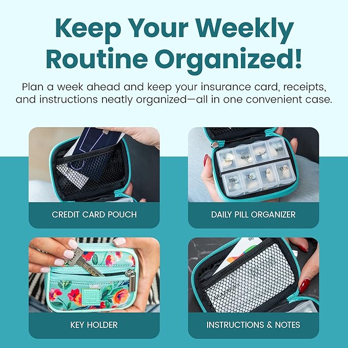 Made Easy Kit Pill Case - Weekly Medicine Organizer with Removable Seven-Day Vitamin & Supplement Box - Premium Neoprene for Travel Purse Accessory (Teal)