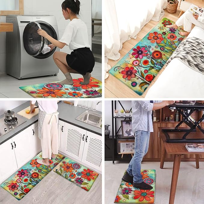 Bulijojo Flowers Anti Fatigue Kitchen Floor Mats Set of 2 Waterproof Kitchen Sink Runner Rug Standing Mat Cushioned Kitchen Rugs Comfort Doormat 17"x47"+17"x28"