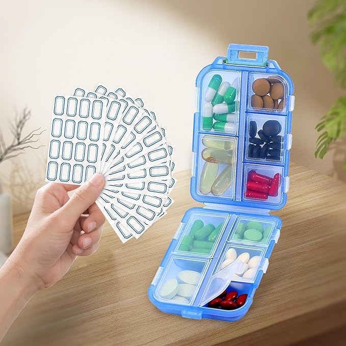 INVODA 12PCS 10-Compartment Pill Organizer BPA-Free Travel Pill Case with Daily Labels Portable Medicine Box for Vitamins, Supplements & Jewelry