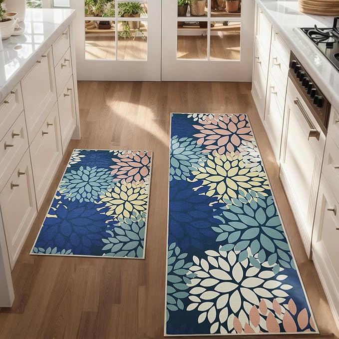 Blue Kitchen Mat Set of 2, Non Slip Boho Kitchen Rug for Floor,Farmhouse Outdoor Doormats Linen Runner Rug Washable Standing Mats for Entryway,Laundry,Office,Hallway 17"x47"+17"x30"