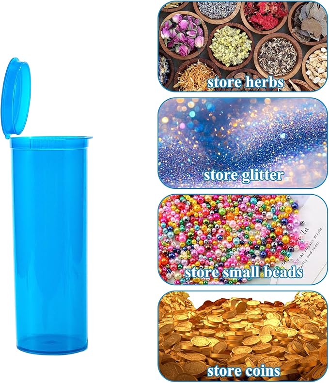 8Pcs Child-Resistant 60 Dram Pop-Top Vial with Hinged Lid Airtight Plastic Empty Pill Bottles,Travel Pill Bottle for Supplements, Vitamins & Medicines(Blue Transparent)