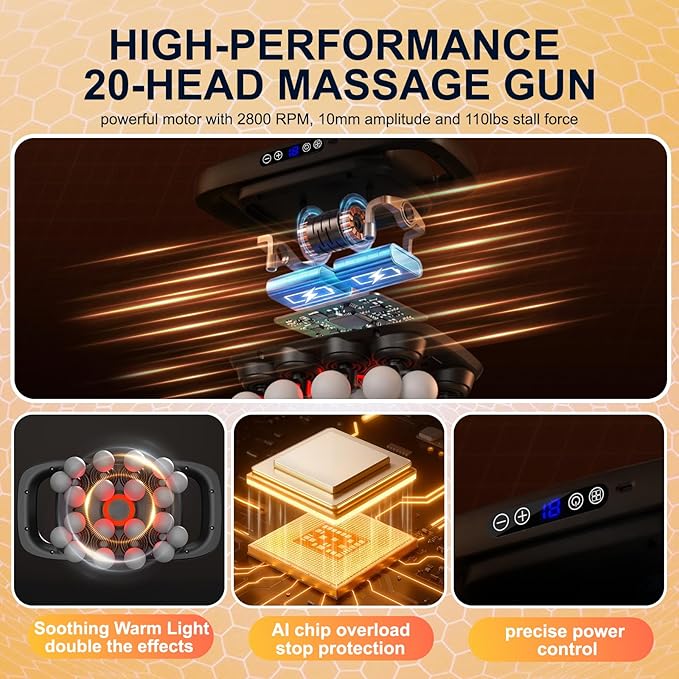 Mekanic 20 Head Massage Gun Deep Tissue, Powerful Multi Head Back Massager for Pain Relief with 3 Modes & 30 Intensities, Quiet Electric Percussion Muscle Massager for Shoulders, Legs,and Waist