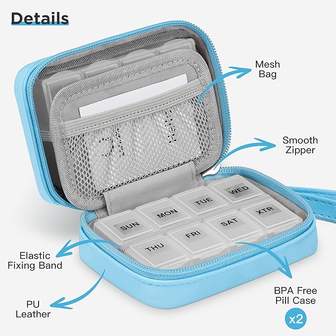 Zannaki Cute Pill Organizer for Purse with Two Removable 7-Day Pill Box, Travel PU Leather Pill Case, Portable Weekly Pill Container with Storage Bag to Hold Vitamins, Fish Oils, Supplements (Blue)